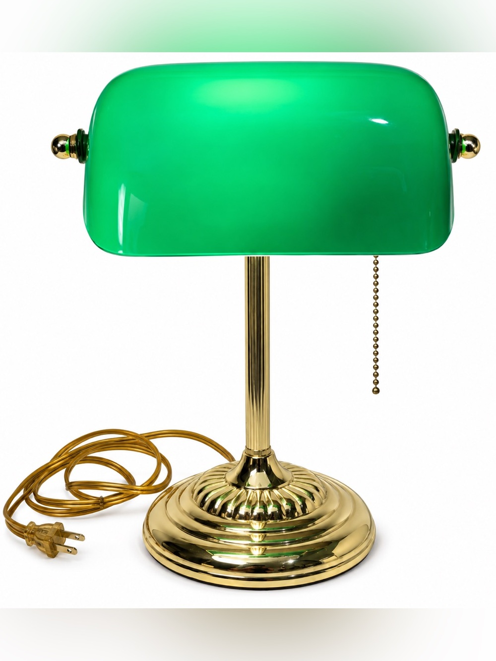 Vintage Green Glass Banker’s Lamp Brass Base Pull Chain 1980s